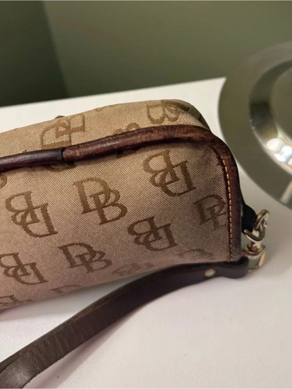 Dooney & Bourke Tan Brown Signature Monogram Mini Wristlet Leather Strap & Trim
